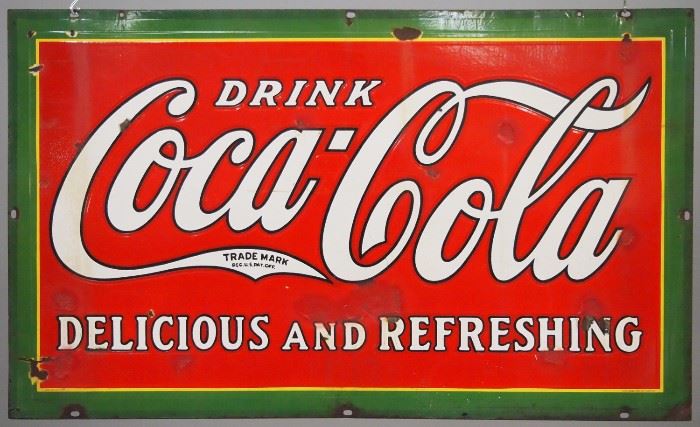 A 1932 Coca-Cola Porcelain Sign.  Rectangular double sided "Drink Coca-Cola Delicious and Refreshing" marked "Made in U.S.A. 1932" and "Tenn. Enamel Mfg. Co.".  Wear and loss to the porcelain, some touch-ups.  60" x 36 " high.  