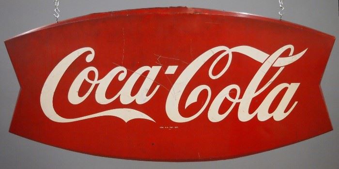 A mid 20th century Coca- Cola "Fishtail" printed metal sign.  Some wear, denting, surface scratches and edge damage.   72 x 33 1/2" high overall. 