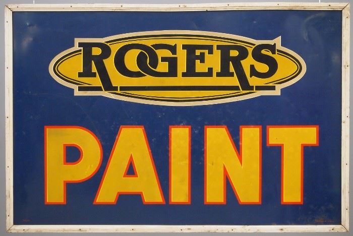 A mid 20th century "Rogers Paint" painted metal sign with a framed wooden back.  By the "Press Sign Co. St. Louis".  Paper shipping labels on back.  Some wear, surface scratches and minor denting, molded wood frame added to façade.  71 x 33 1/2" high overall.