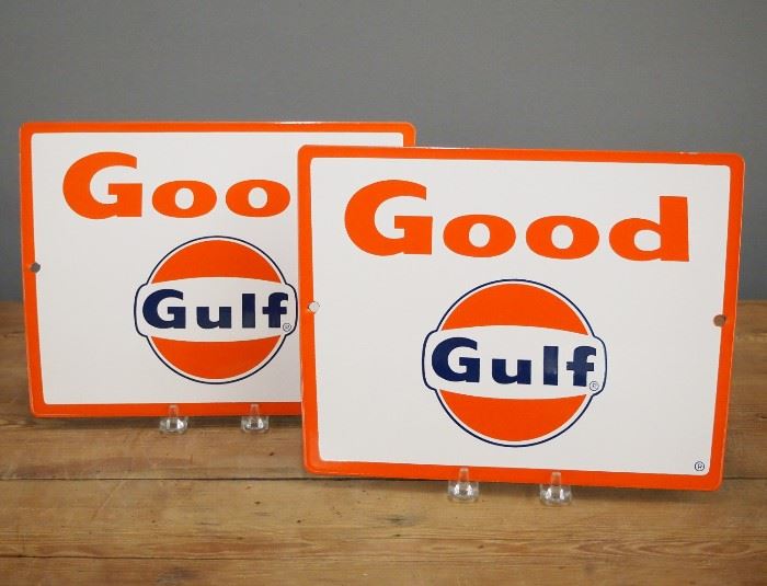 Two mid 20th century "Good Gulf" Gas Pump Plates.  Single sided porcelain on steel.   Minor chipping.  Each 11 1/4 x 8 1/2" high. 