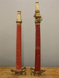 Two early 20th century Fire Nozzles.  By  W.D. Allen Mfg. Co, Chicago, and Elkhart Brass Mfg. Co.  Wear and some denting.  Up to 34" long.  