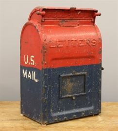 An early 20th century Cast Iron U.S. Mail Box by Van Dorn Iron Works.    Older re-paint with wear and some corrosion.  20" high.  