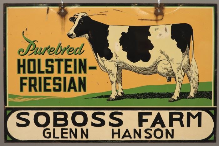 A mid 20th century Porcelain Dairy Sign.  Rectangular, double sided sign reads "Purebred Holstein-Friesian, Soboss Farm, Glenn Hanson".  Wear and minor damage, some touchup.   36 x 23 1/2" high.  