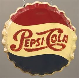 A mid 20th century Pepsi-Cola Embossed "Bottle Cap" Painted Tin Sign.  Wear and minor damage, partially re-painted.  27 7/8" diameter.