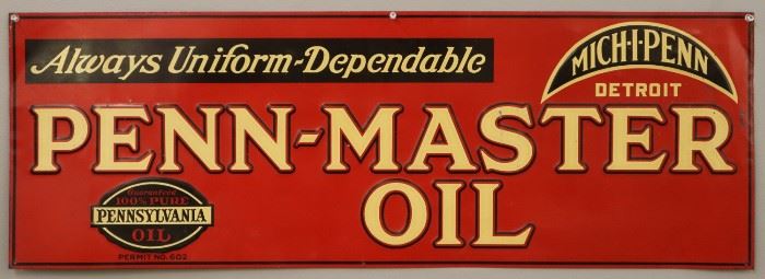 A 20th century Penn-Master Oil Embossed Painted Tin Sign.  Rectangular single sided sign reads "Always Uniform-Dependable Penn-Master Oil Mich-I-Penn Detroit Guaranteed 100% Pure Pennsylvania Oil Permit No. 602".  Wear and some paint loss.  39 1/2 x 13 1/2" high overall. 