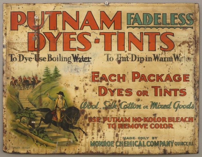 An early 20th  Putnam Dyes-Tints Lithographed Tin Sign.  Rectangular single sided sign reads "Putnam Fadeless Dyes-Tints...".   Significant wear and paint loss.  18 3/4" x 14 1/2" high.  
