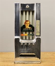 A 1¢ Adams Chewing Gum Vending Machine.  With original decals.  Wear and some corrosion.  22 1/2" high.