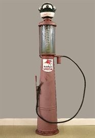 A 1920's Gilbert & Barker Model 176 Visible gas pump.  Iron pump with a 10 gallon glass cylinder and vintage "Red Crown" globe.  Older Red repaint, damage and loss to glass globe under the metal collar, some replaced parts, as/is.  Approx. 118" high overall. 