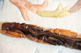 Close Up of Carved Walking Stick Signed Wes Winny