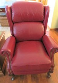 Pair of La-Z-Boy Red Leather Classic Queen Anne Jennings High Leg Chair Recliners 