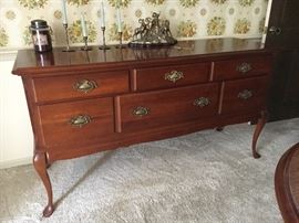 Beautiful traditional dining room set in solid cherry by Cresent—table and 6 chairs, china cabinet, and buffet. Wonderful set in excellent condition, just in time for the holidays.