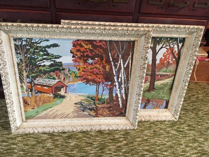 Pair mid-century Paint By Number wall decor in matching frames—covered bridge and mill scene.