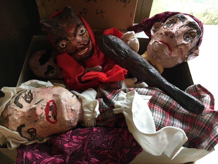 Handmade paper mache puppets and parts to make more. (Not so scary in person!)