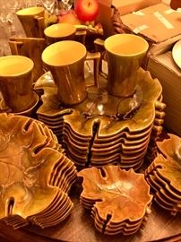 Large set of vintage Leaf-themed dishes and mugs, handmade ceramics.