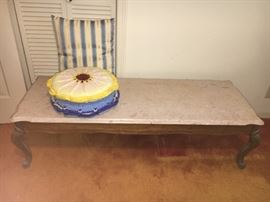 Vintage French Provencial coffee table, long with simulated marble.