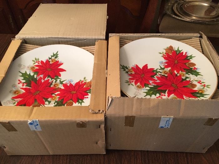 Vintage, unused and still in boxes—beautiful poinsettia Christmas plates.