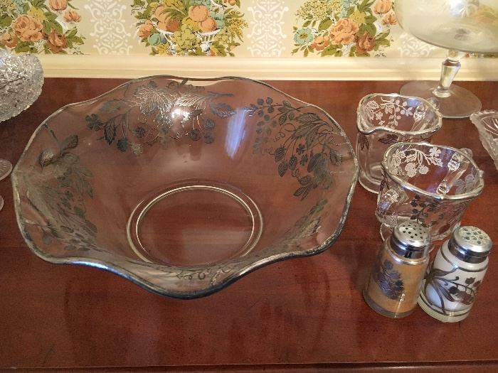 Silver overlay large bowl, cream and sugar, salt and pepper.