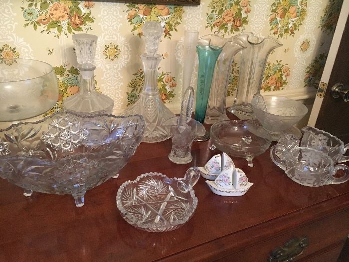 Lovely vintage glassware—cut glass, pressed glass, decanters.