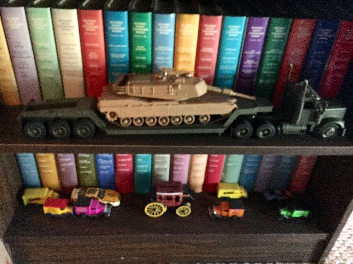 Contemporary plastic trucks and cars.