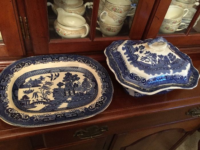 Antique Blue Willow platter and covered dish.