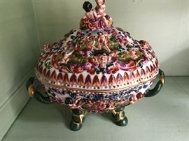 CAPODIMNTE PORCELAIN COVERED TUREEN AND A TAZZA                                                                                                      LENGTH OF TUREEN: 12”                                                                HEIGHT OF TAZZA: 7"