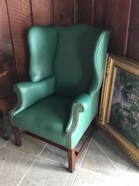 GEORGE III STYE LEATHER-UPHOLSTERED WING ARMCHAIR