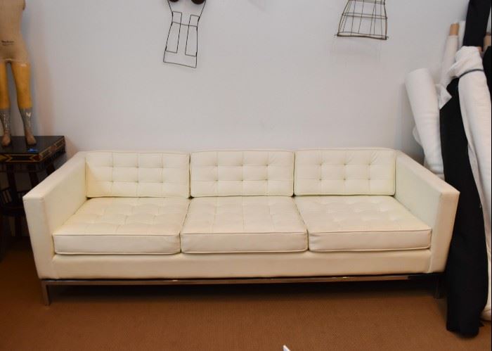Vintage White Tufted Sofa with Chrome Base (Faux Leather)
