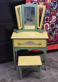 Vintage Painted Child's Vanity with Mirror & Stool