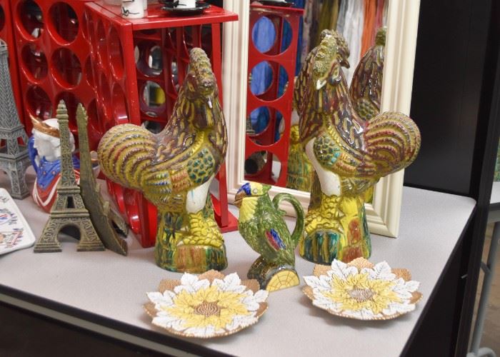 Ceramic Chicken Statues, Parrot Pitcher, Vintage Dishes