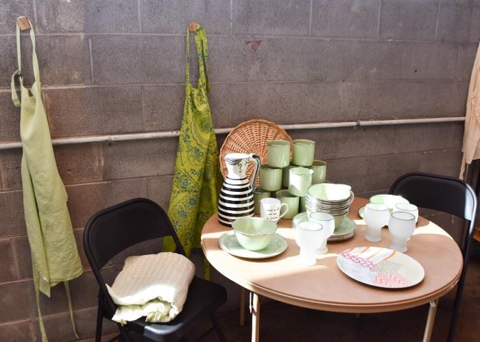 Aprons, Dinnerware, Dishes, Glasses, Folding Tables & Chairs
