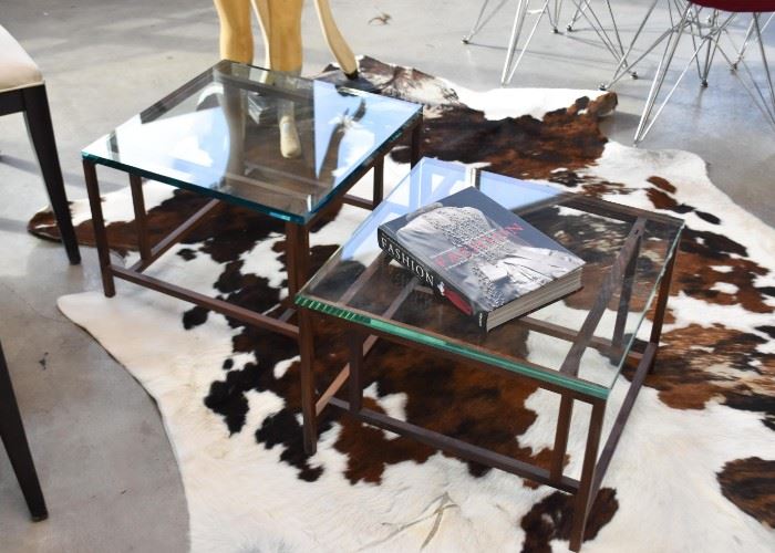 Pair of Wood End Tables with Glass Tops