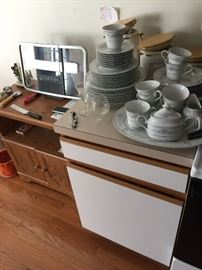 dishes, small cabinet