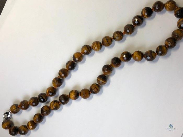 Tiger Eye Pearled Necklace -Silver Clasp