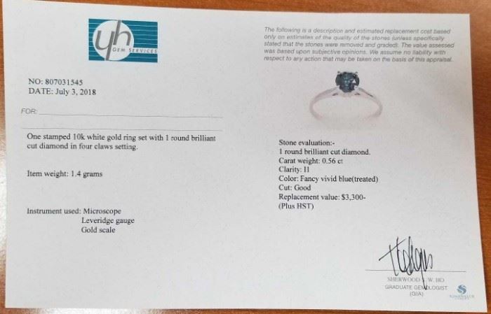 Blue Diamond .56ct - 10k White Gold Ring- Appraisal