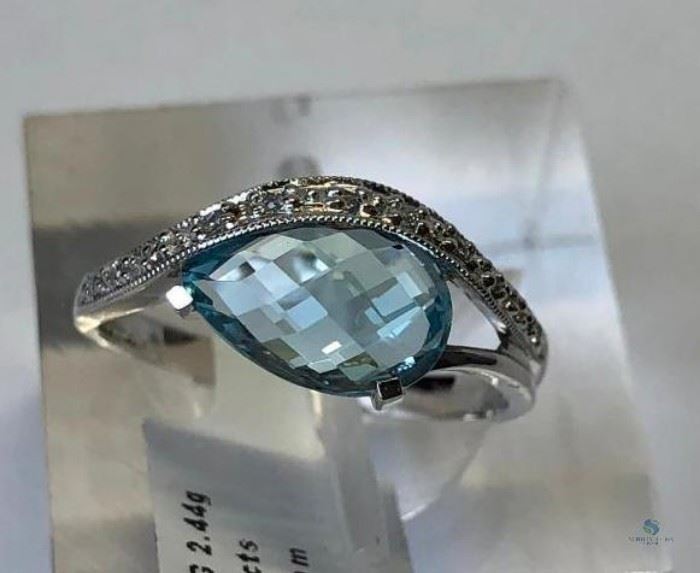 14k White Gold and Blue Topaz 2.13ct and CZ Ring