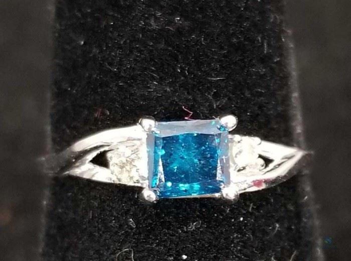 Blue Diamond .55ct and diamond 10k White Gold Ring