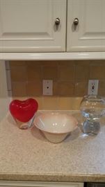 Red Glass heart vase, porcelain bowl and Glass vase
