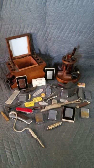 Vintage Pipe Stands, Pipes, Zippo Lighters, Pocket Knives, and more