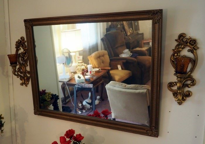 Gold Painted Wood Framed Mirror 27.5" x 35.5" With Matching Candle Sconces And Hanging Spoon