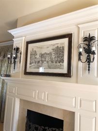 Framed Architectural Drawing  Pair Iron Sconces 