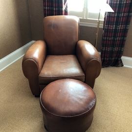 French Leather Bistro Lounge Chair/Round Ottoman 