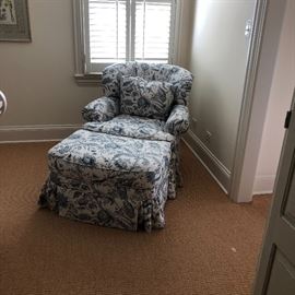 Blue and White Floral Print Chair/Ottoman 