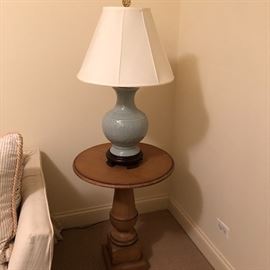 Pine Round Table, Celadon Table Lamp