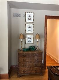 English Five Drawer Chest, Buffet Lamps, Framed Etchings
