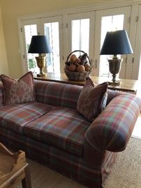 Plaid Sofa,  Faux Pods in Basket, Large Brass Urn Table Lamps