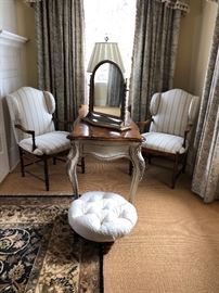 Neo Classical Wing Chairs, Ladies Desk, Dressing Mirror, Ottoman 