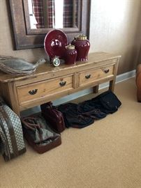Pine Sideboard, Burgandy Ceramics, Suitcases