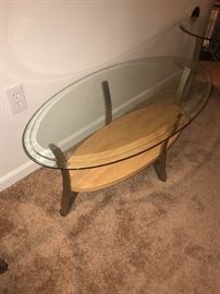 WOOD , METAL AND GLASS COFFEE TABLE
