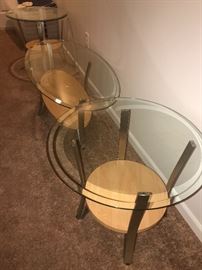 WOOD , METAL AND GLASS ROUND SIDE TABLES AND COFFEE TABLE
