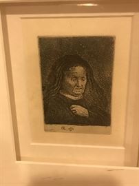 REMBRANDT VAN RIJN " THE ARTIST'S MOTHER WITH HER HAND ON HER CHEST"SMALL BUST ETCHING -1631